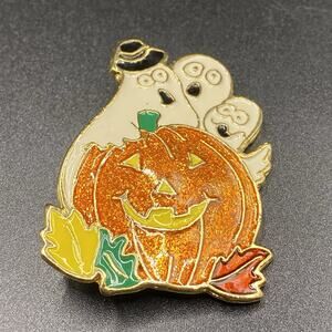 Halloween Jack O Lantern Ghost Brooch Pin Enamel Sparkly Glitter
